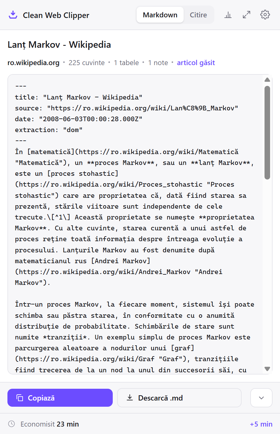 Fereastra Clean Web Clipper cu Markdownul unui articol preluat de pe Wikipedia