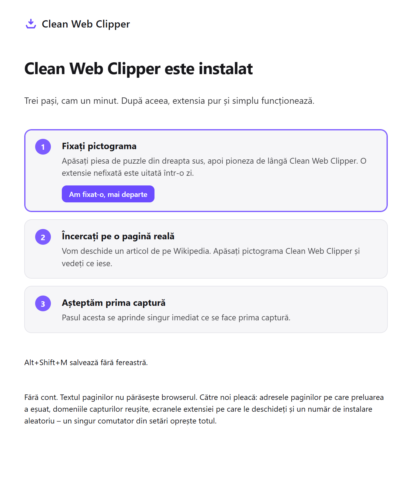 Pagina de primă pornire a Clean Web Clipper, cu trei pași de configurare