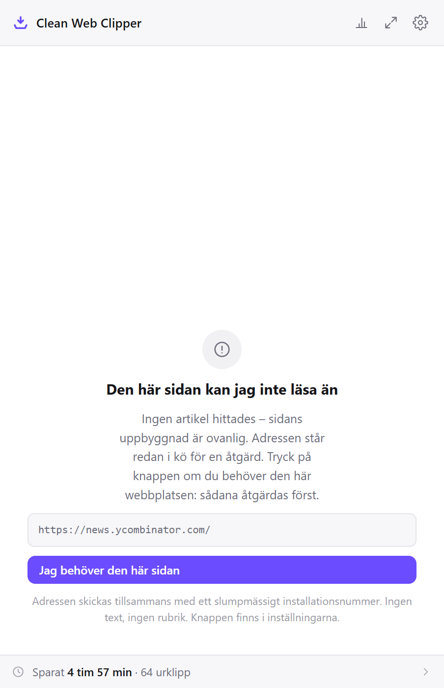 Clean Web Clipper vägrar en sida utan artikel och erbjuder att skicka dess adress