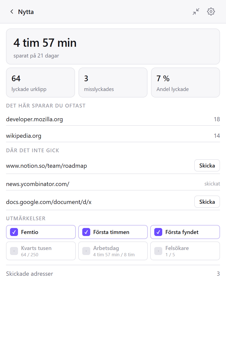 Skärmen Nytta i Clean Web Clipper: klipp, sparad tid, favoritsajter och sidor som misslyckades