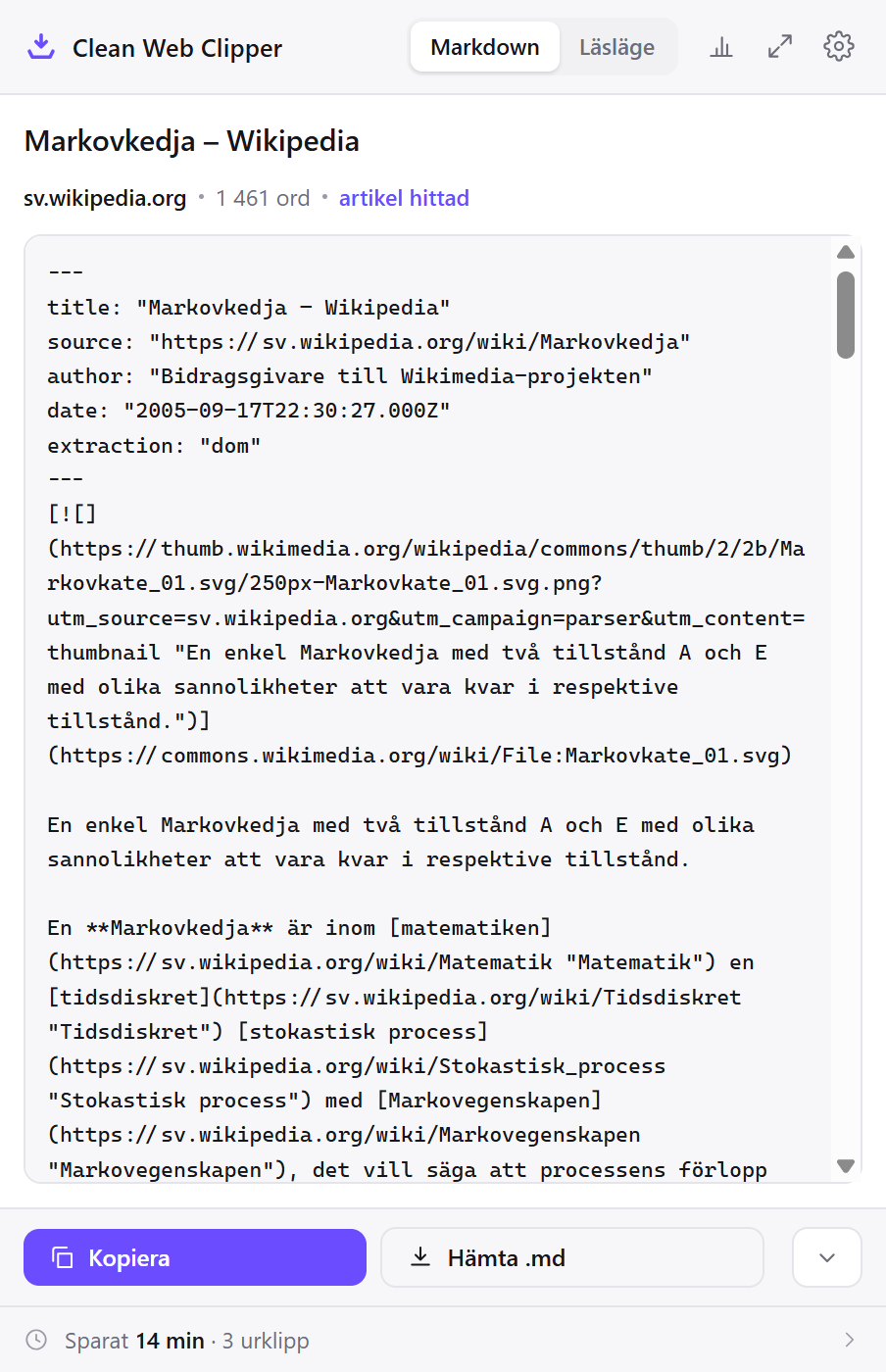 Clean Web Clipper-fönstret med Markdown från en sparad Wikipedia-artikel
