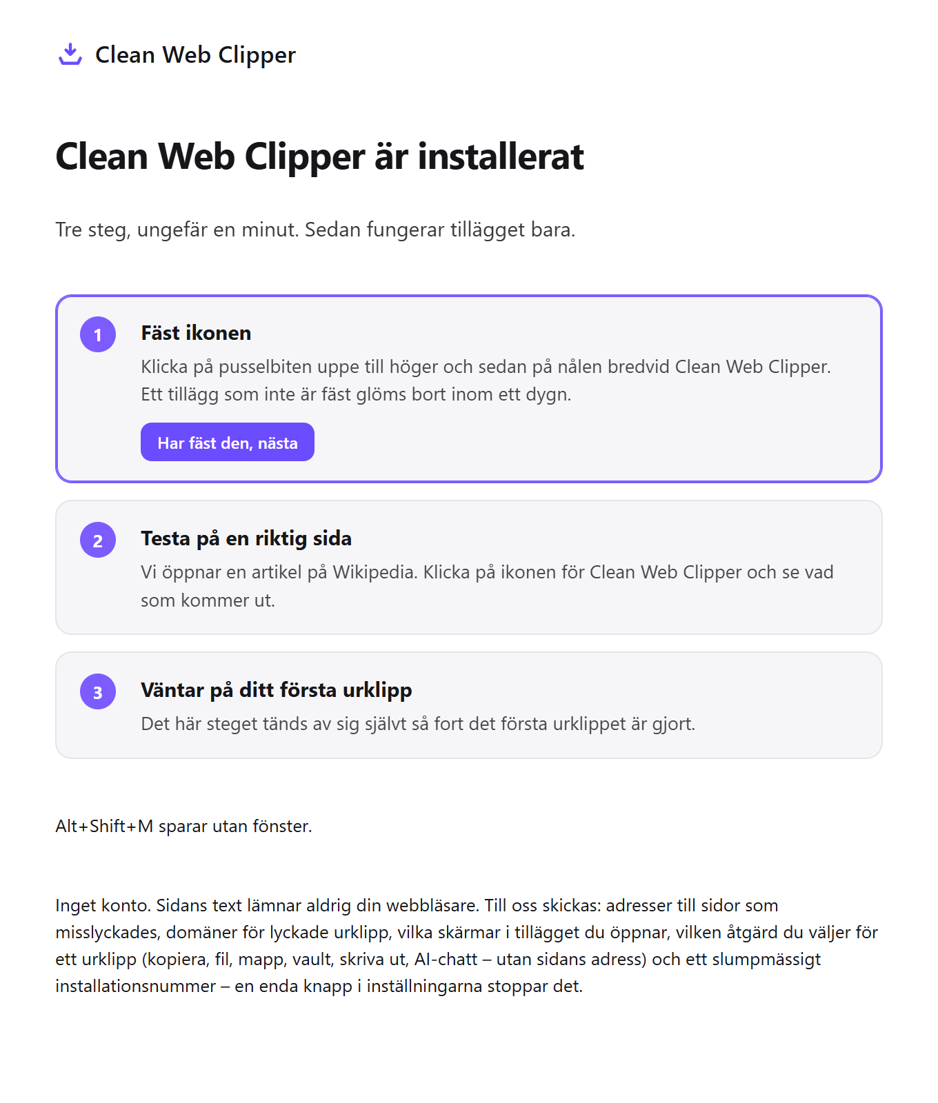Startsidan för Clean Web Clipper vid första körningen, med tre steg för att komma igång