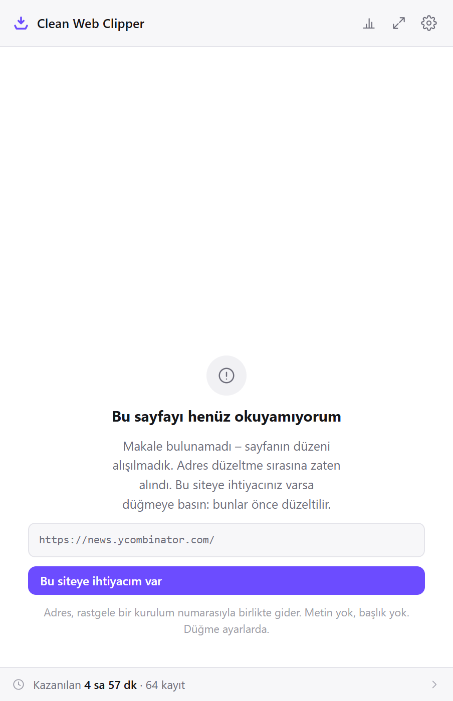 Makale olmayan bir sayfayı reddeden ve adresini göndermeyi öneren Clean Web Clipper