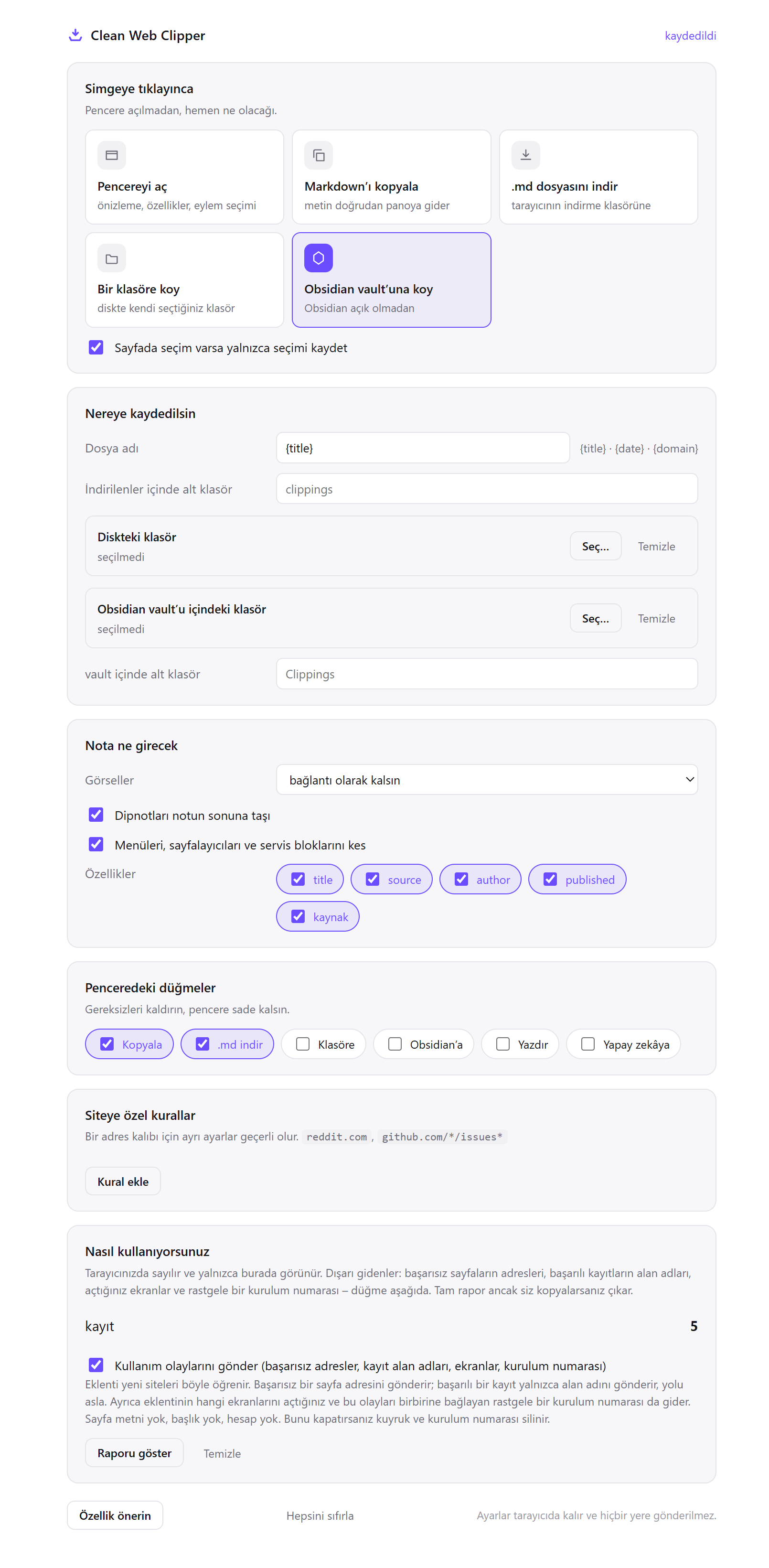 Clean Web Clipper ayarları: simgeye tıklayınca ne olacağının seçimi