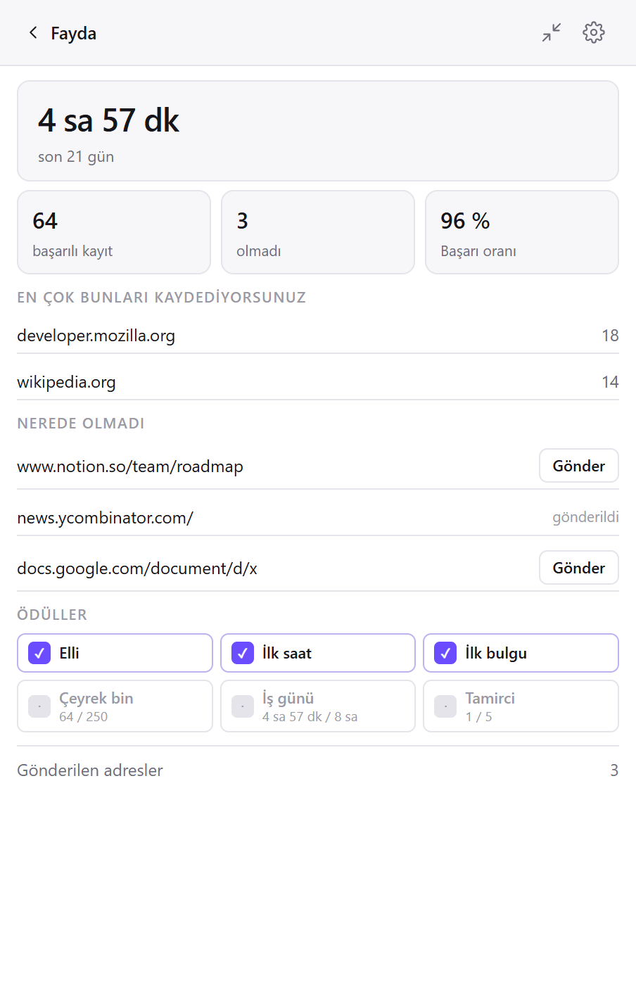 Clean Web Clipper’ın Fayda ekranı: kayıtlar, kazanılan zaman, en çok kaydedilen siteler ve olmayan sayfalar