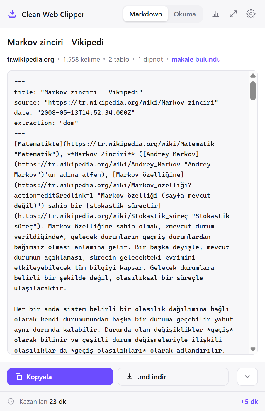 Kaydedilen bir Vikipedi maddesinin Markdown’ını gösteren Clean Web Clipper penceresi