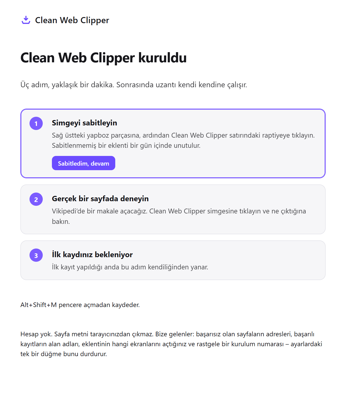 Clean Web Clipper’ın üç kurulum adımlı ilk açılış sayfası