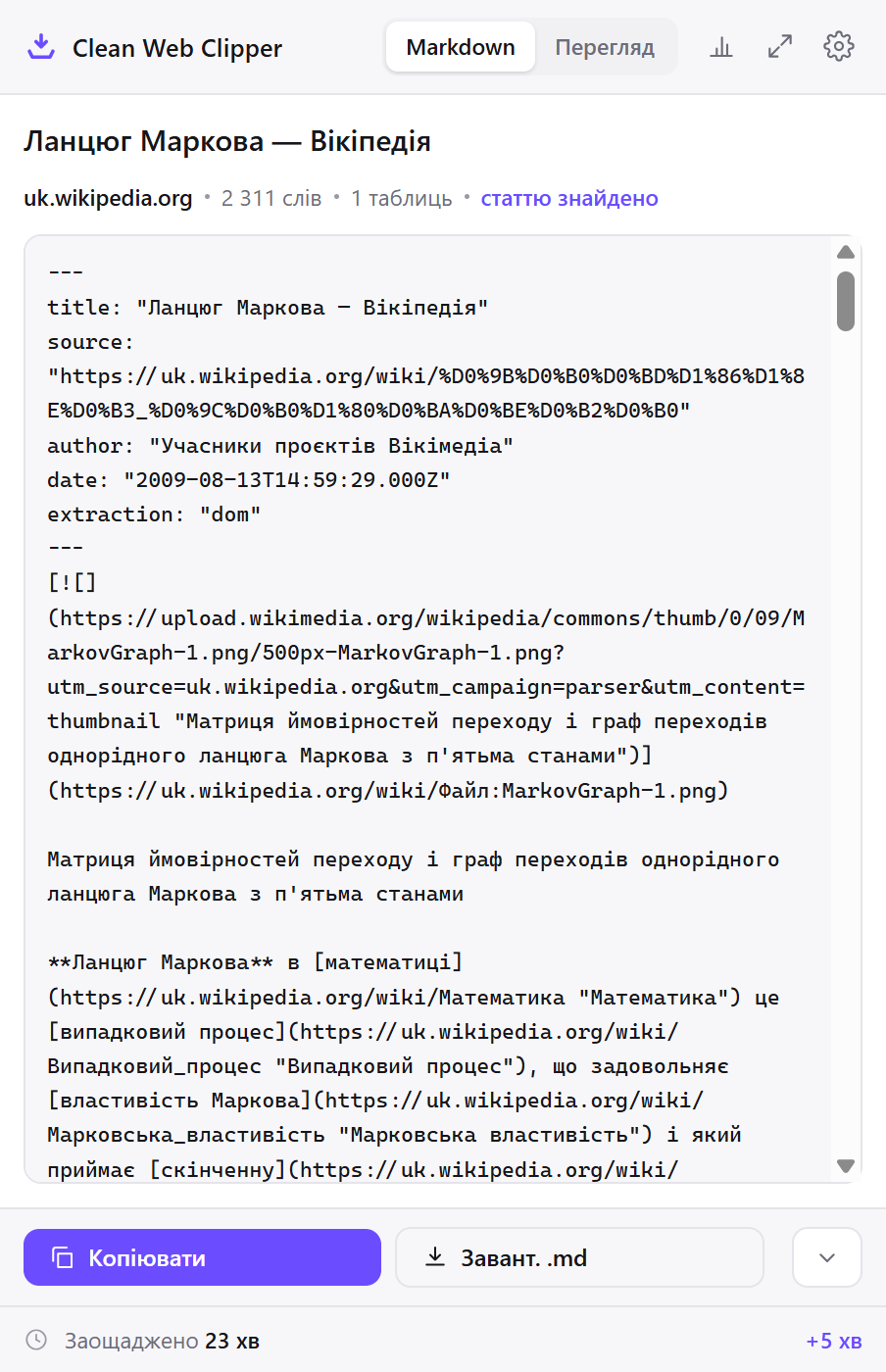 Вікно Clean Web Clipper із Markdown збереженої статті Вікіпедії