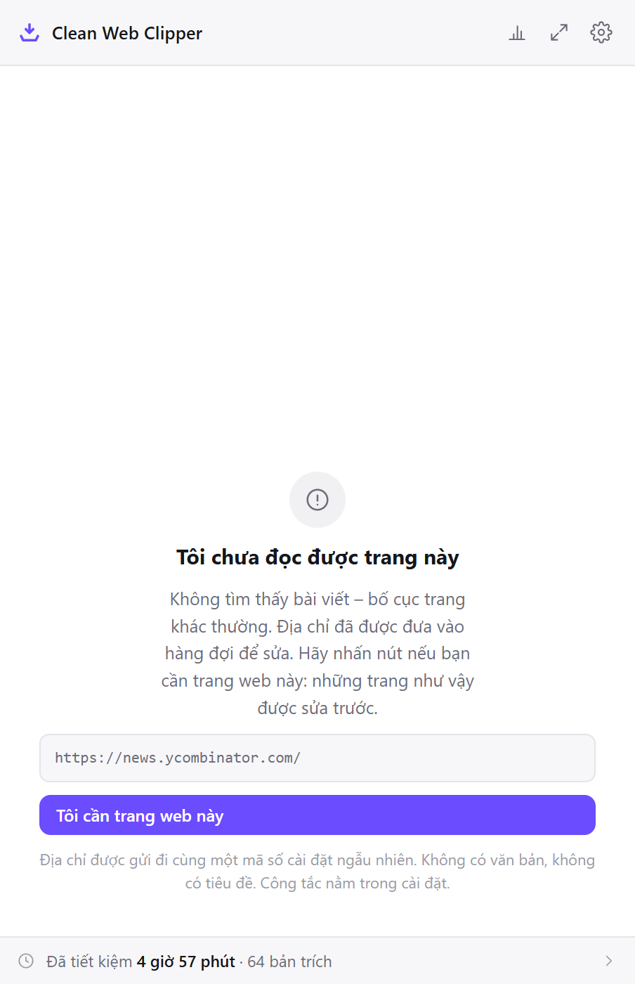 Clean Web Clipper từ chối một trang không có bài viết và đề nghị gửi địa chỉ của trang