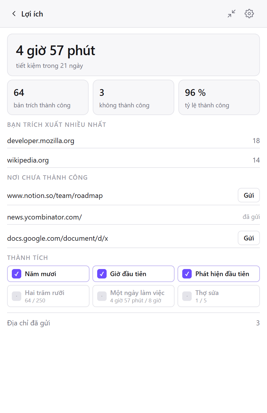 Màn hình Lợi ích của Clean Web Clipper: số bản trích, thời gian tiết kiệm, trang web hay dùng và trang thất bại