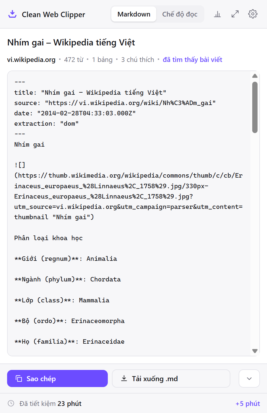 Cửa sổ Clean Web Clipper hiển thị Markdown của một bài viết Wikipedia đã trích xuất