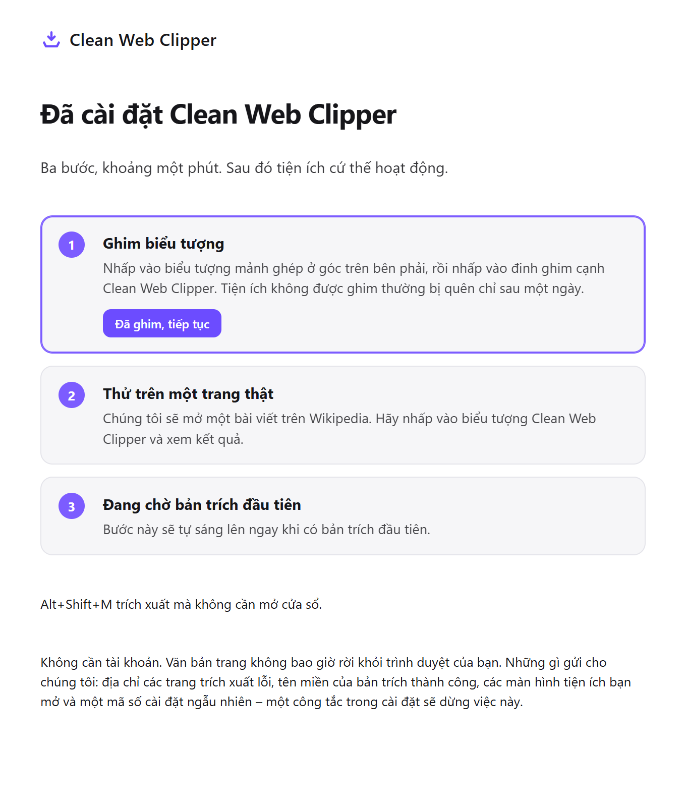 Trang chạy lần đầu của Clean Web Clipper với ba bước thiết lập