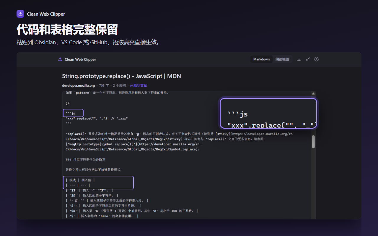 剪藏为 Markdown 的 MDN String.prototype.replace() 页面:标有 js 的代码块,以及保留为 Markdown 行的“模式 | 插入值”表格