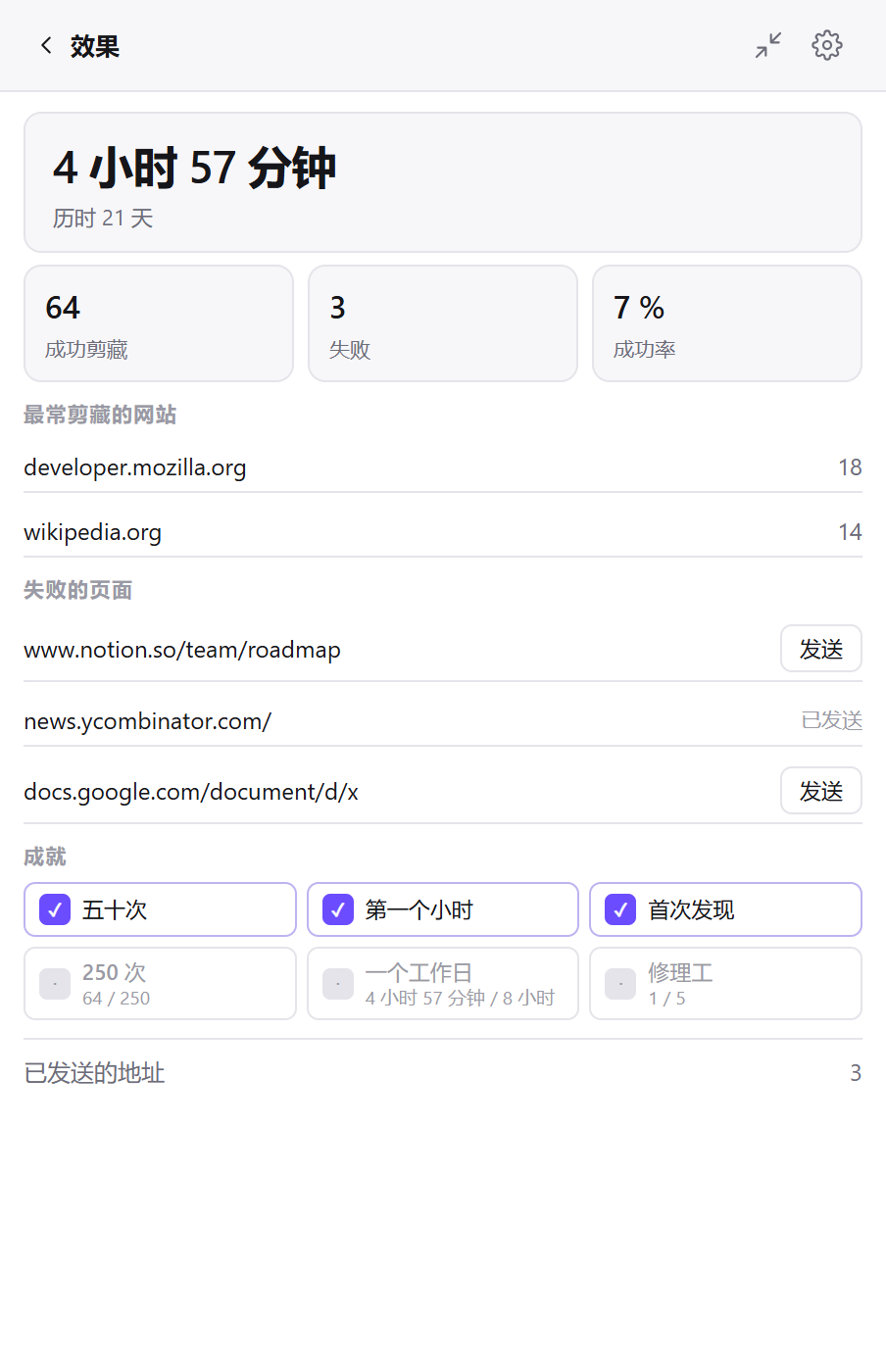 Clean Web Clipper 的“效果”界面：剪藏次数、节省的时间、常用网站和失败的页面