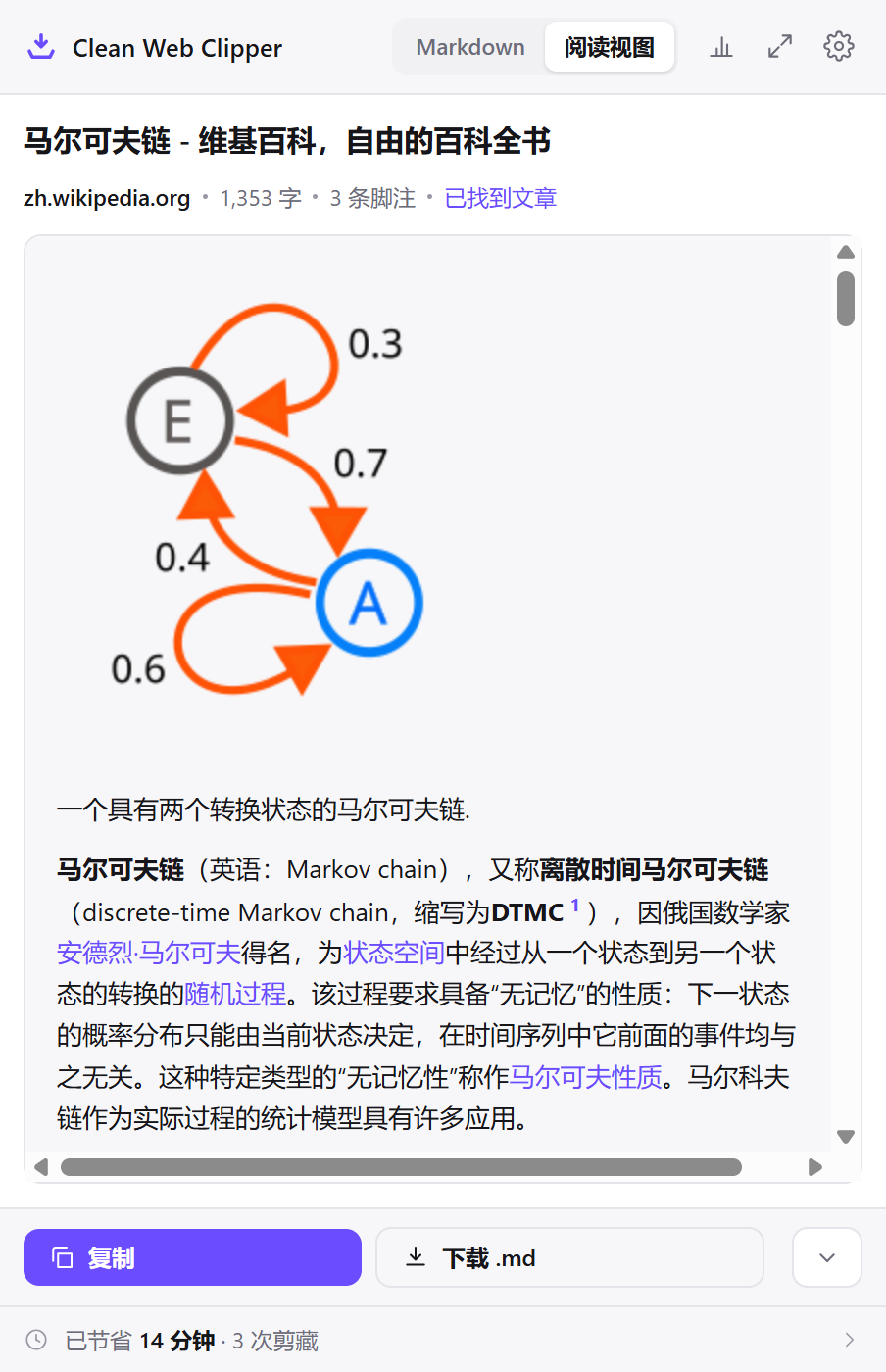 阅读视图：保存之前，“马尔可夫链”文章以普通文本显示，带着示意图和图注