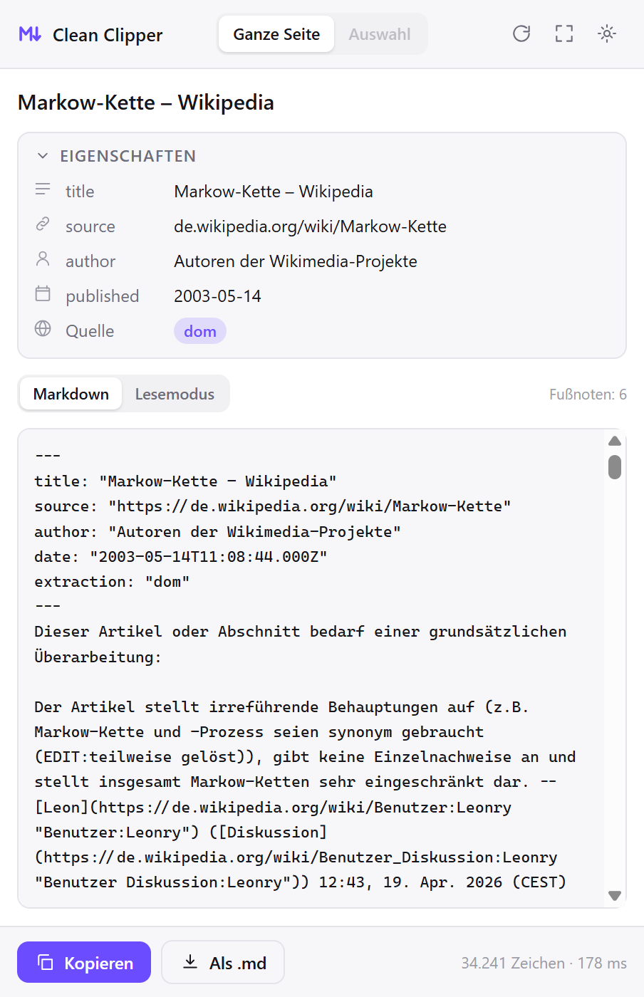 Das Clean-Clipper-Fenster mit dem Markdown eines erfassten Wikipedia-Artikels