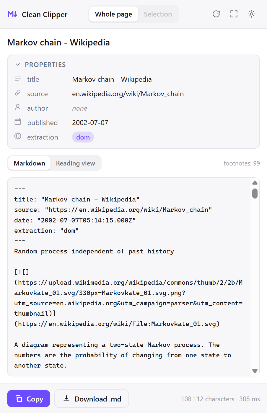 The Clean Clipper window showing the Markdown of a clipped Wikipedia article