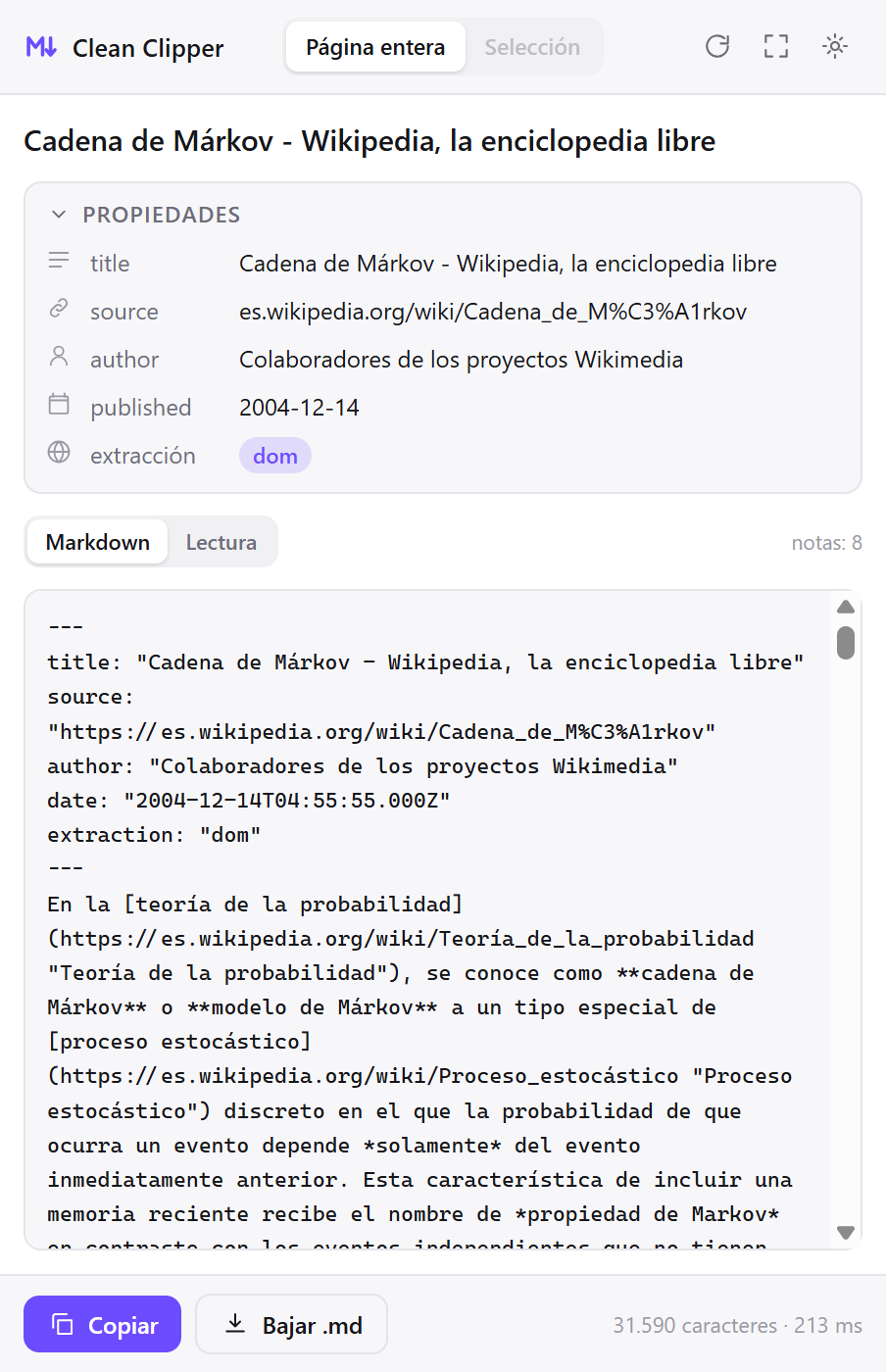 La ventana de Clean Clipper con el Markdown de un artículo de Wikipedia capturado