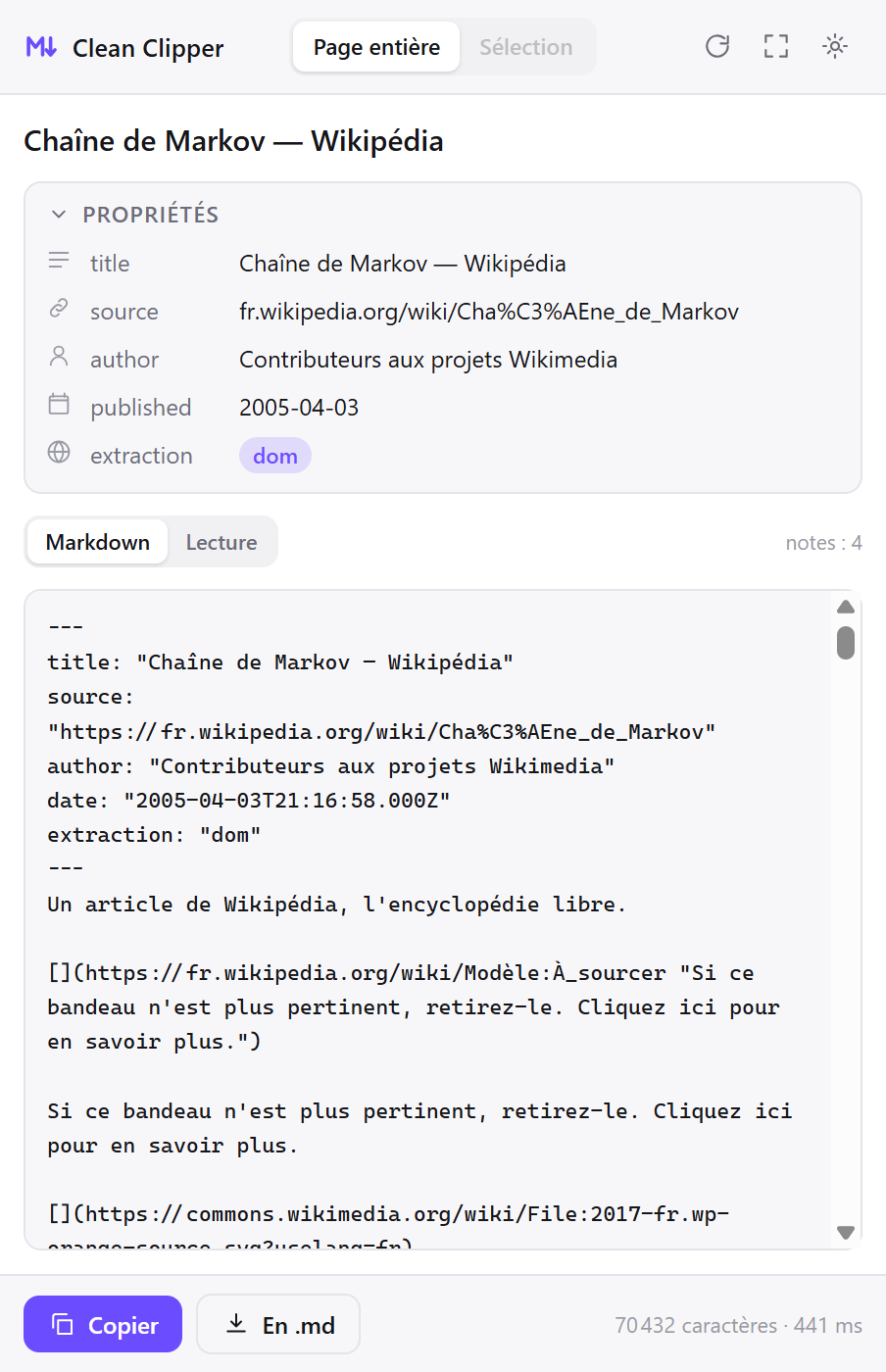 La fenêtre de Clean Clipper affichant le Markdown d’un article de Wikipédia capturé