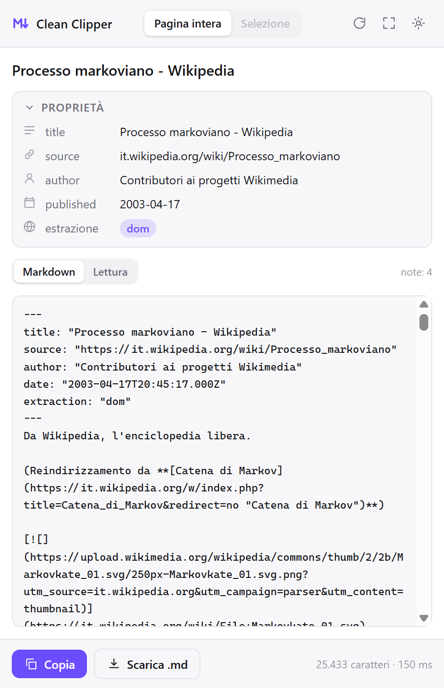 La finestra di Clean Clipper con il Markdown di una voce di Wikipedia appena salvata
