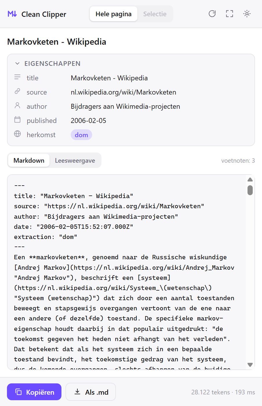 Het venster van Clean Clipper met de Markdown van een opgehaald Wikipedia-artikel