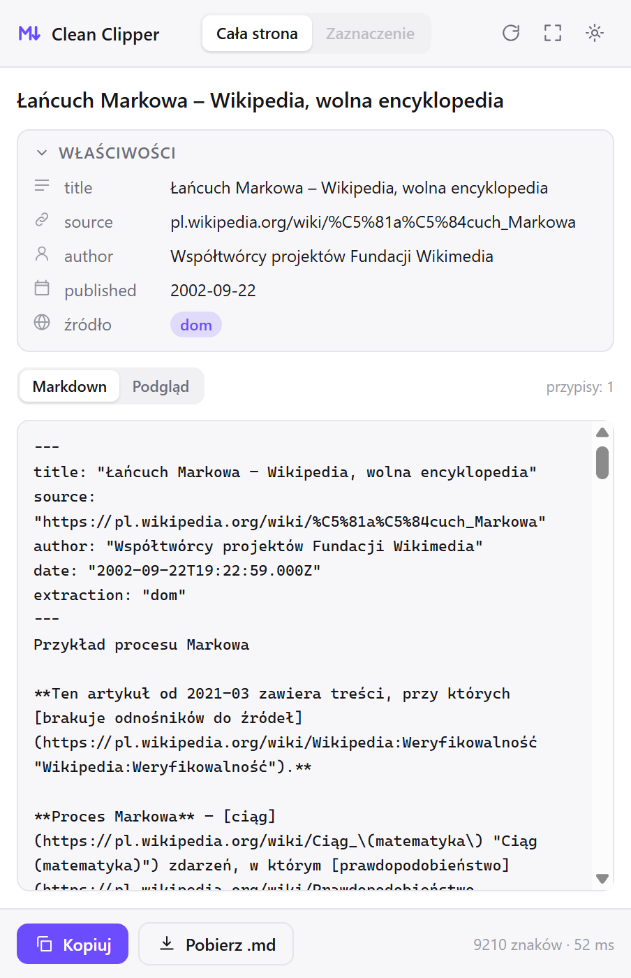 Okno Clean Clippera z Markdownem zapisanego artykułu z Wikipedii