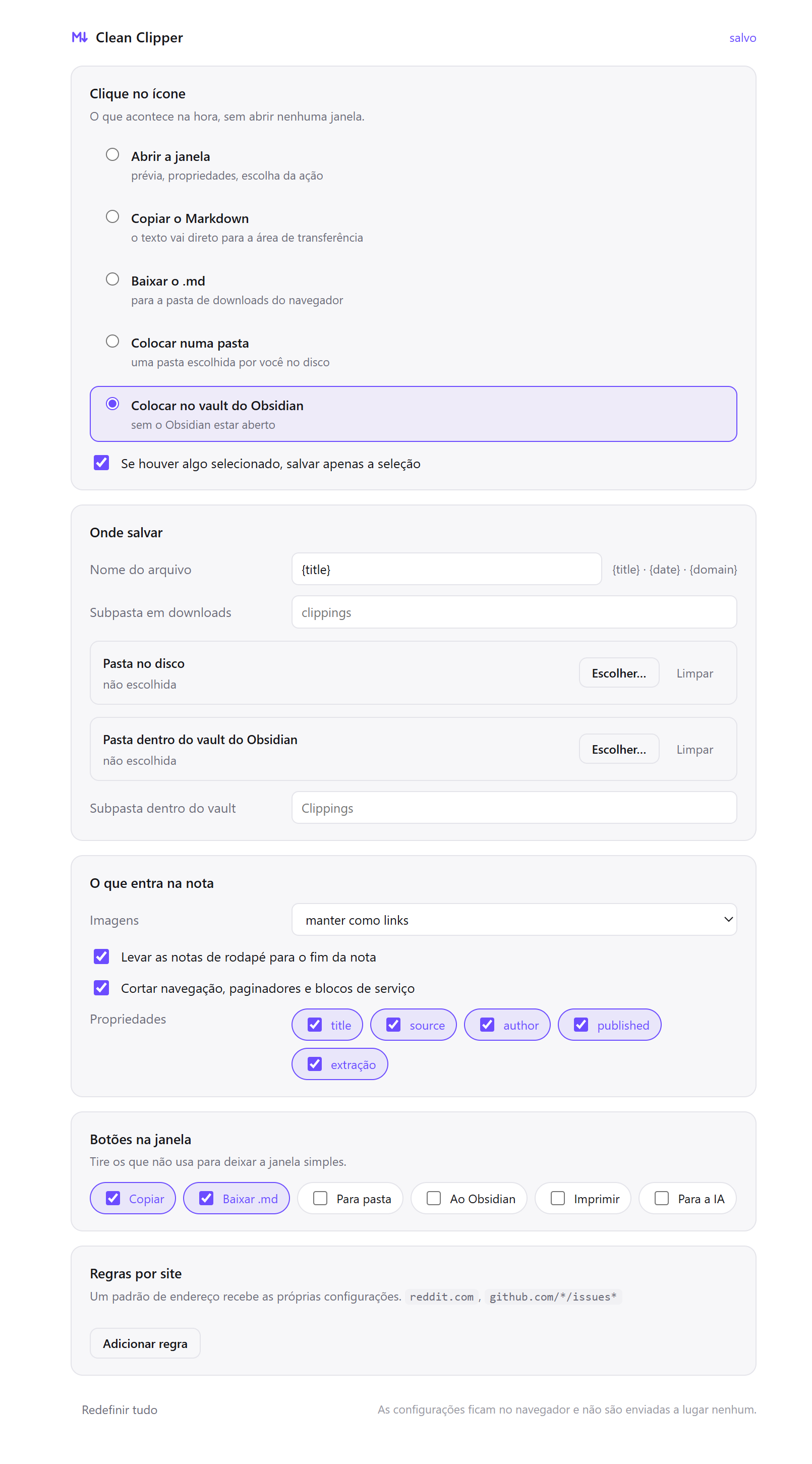 Configurações do Clean Clipper: escolhendo o que o clique no ícone faz