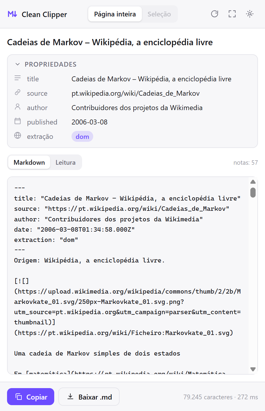 A janela do Clean Clipper mostrando o Markdown de um artigo da Wikipédia capturado