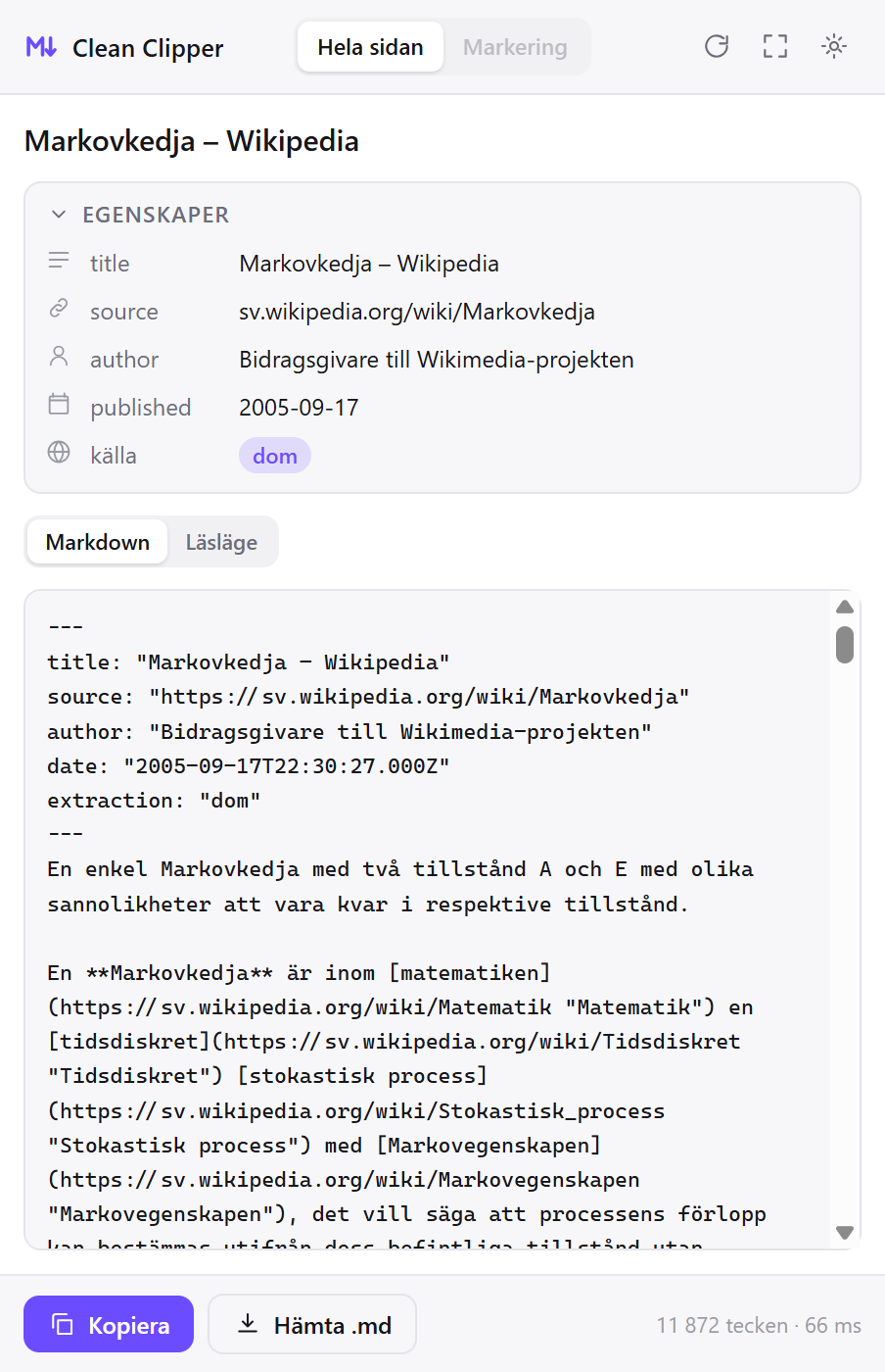Clean Clipper-fönstret med Markdown från en sparad Wikipedia-artikel