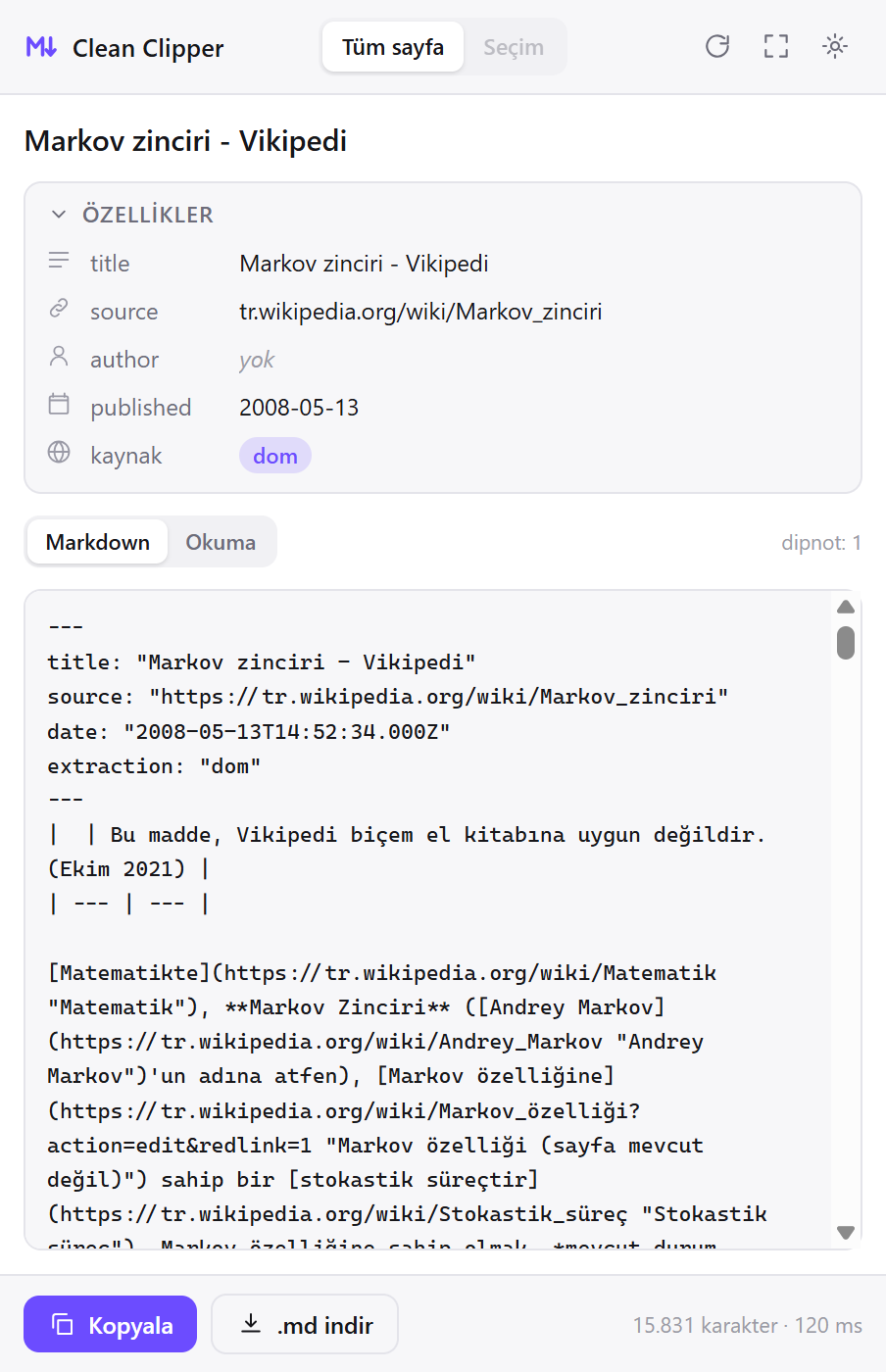 Kaydedilen bir Vikipedi maddesinin Markdown’ını gösteren Clean Clipper penceresi
